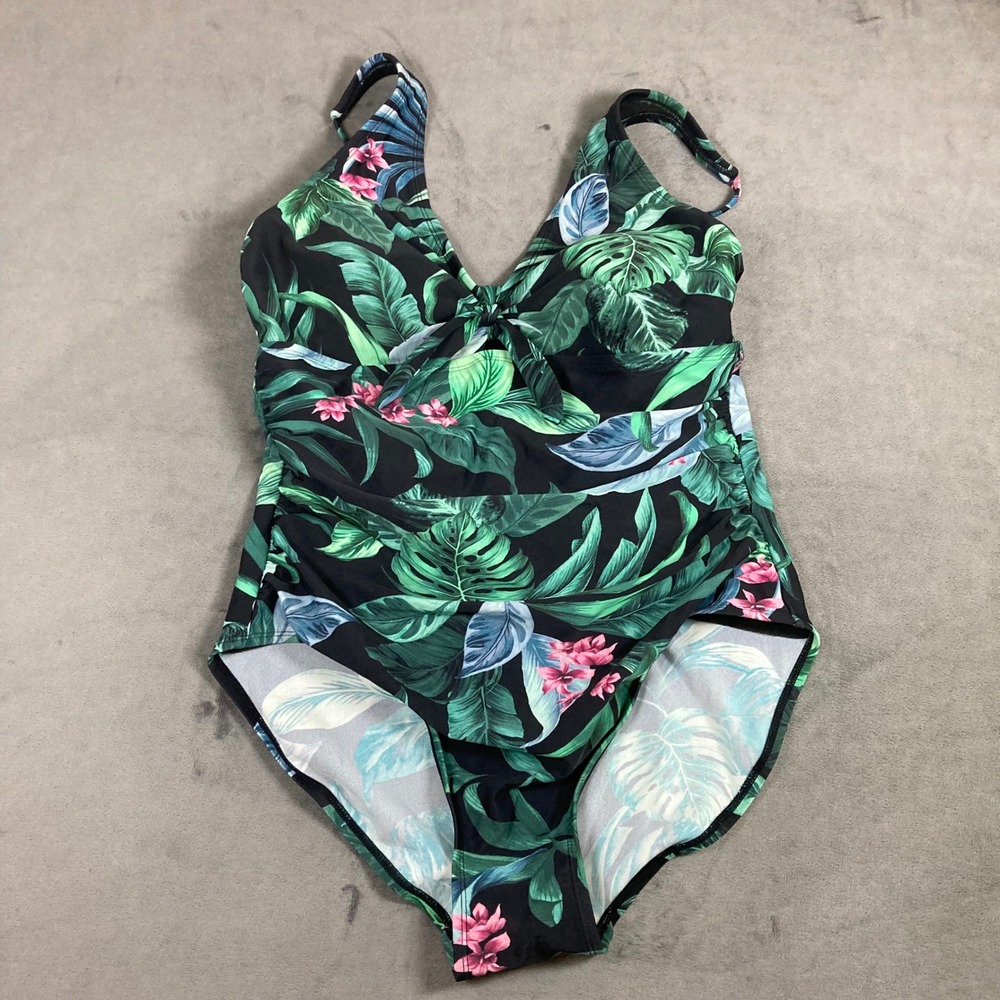 Kona Sol Womens Tropical Floral Palm One Piece Swimsuit Black Green Pink Large
